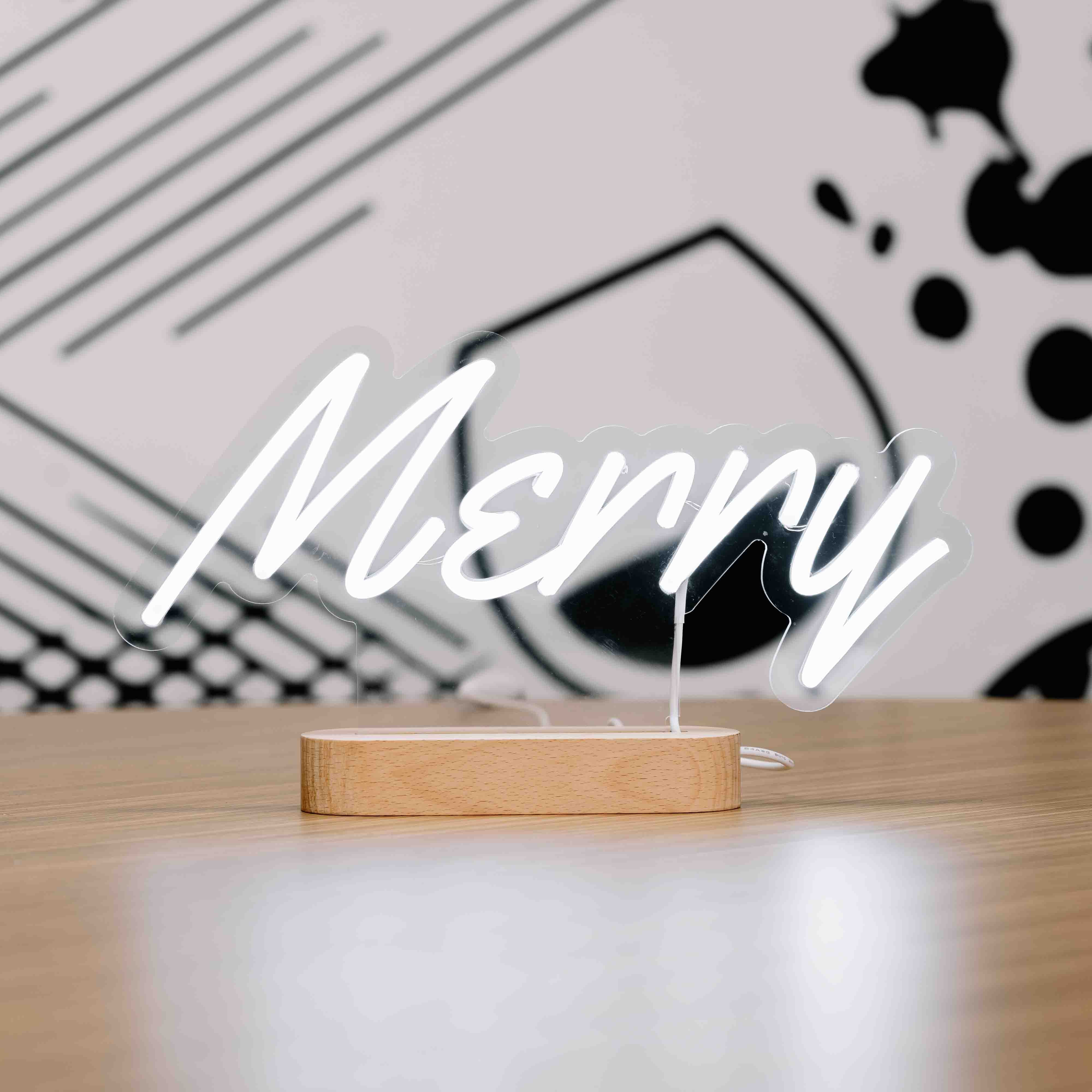 Merry Neon Sign - Christmas Table Stand - Wooden Base!