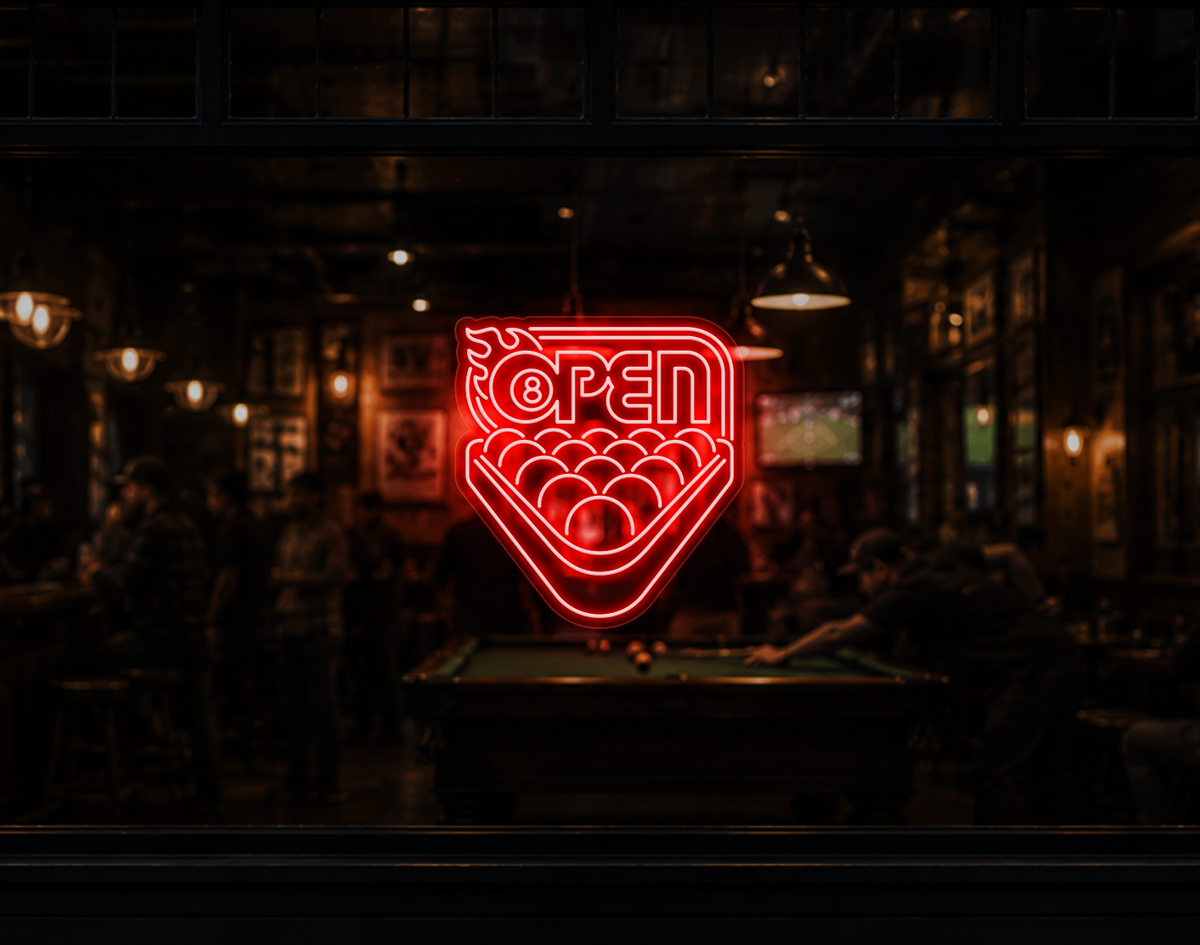 Billiards Badge Open LED Neon Sign - Coral Orange