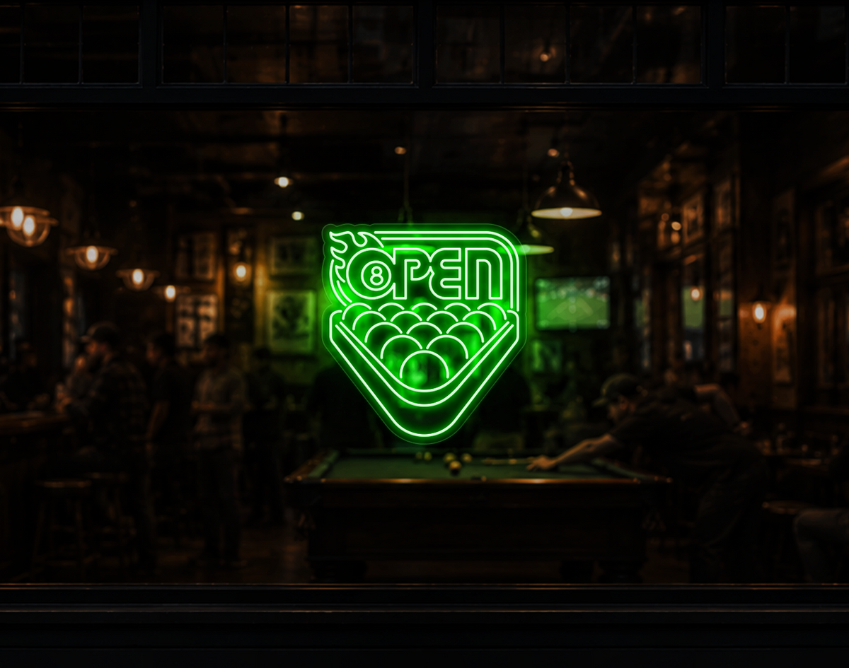 Billiards Badge Open LED Neon Sign - Green