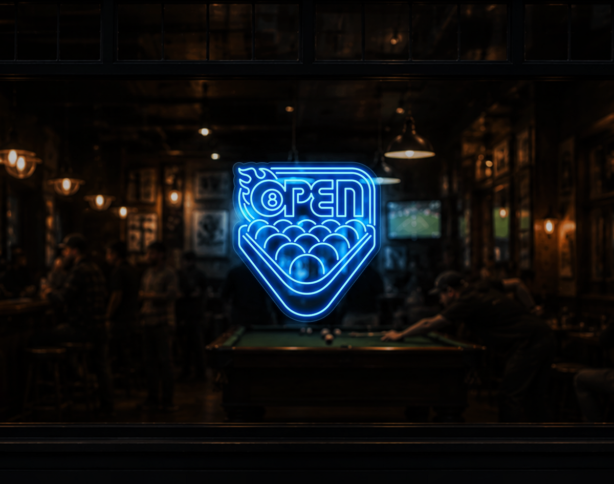 Billiards Badge Open LED Neon Sign - Light Blue
