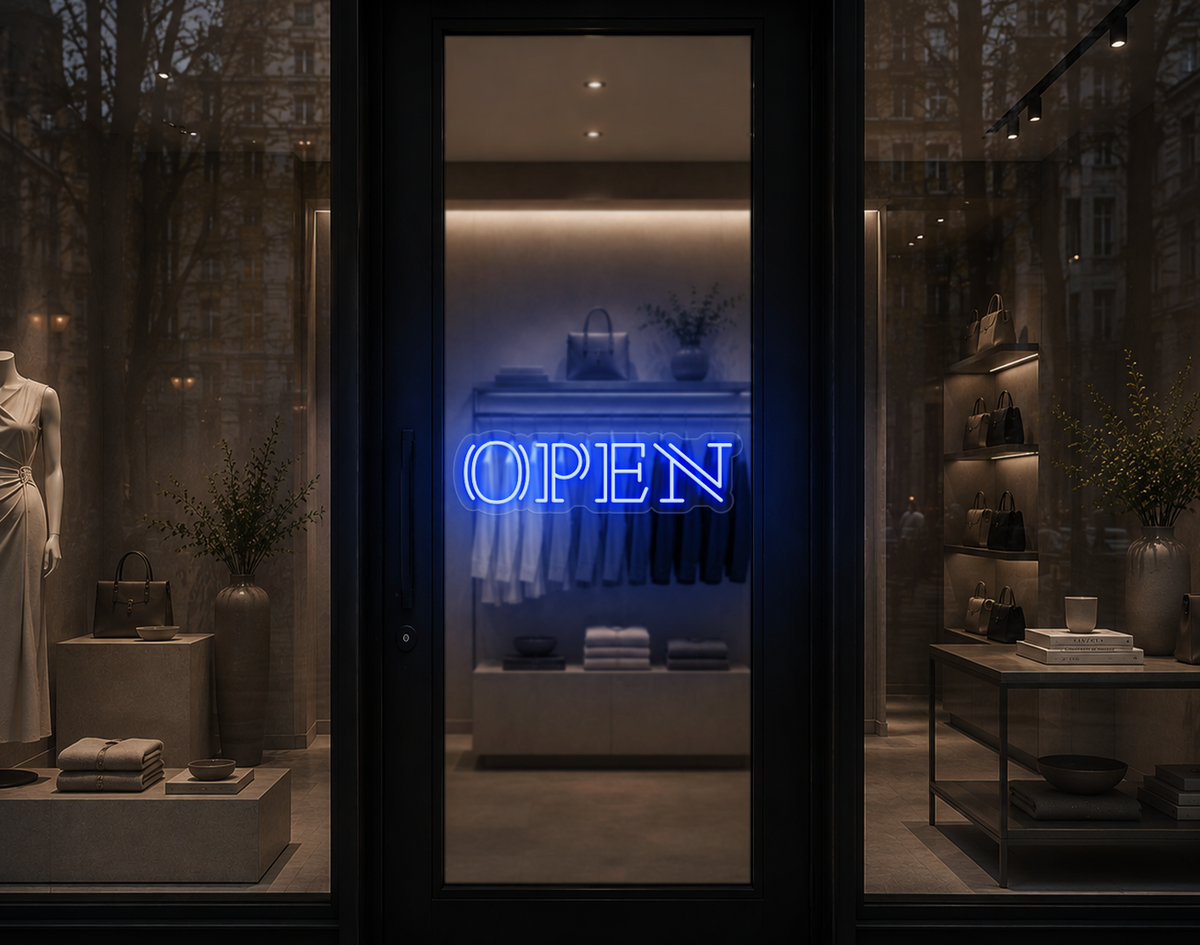 Double Stem Serif Type Open LED Neon Sign - Baby Blue