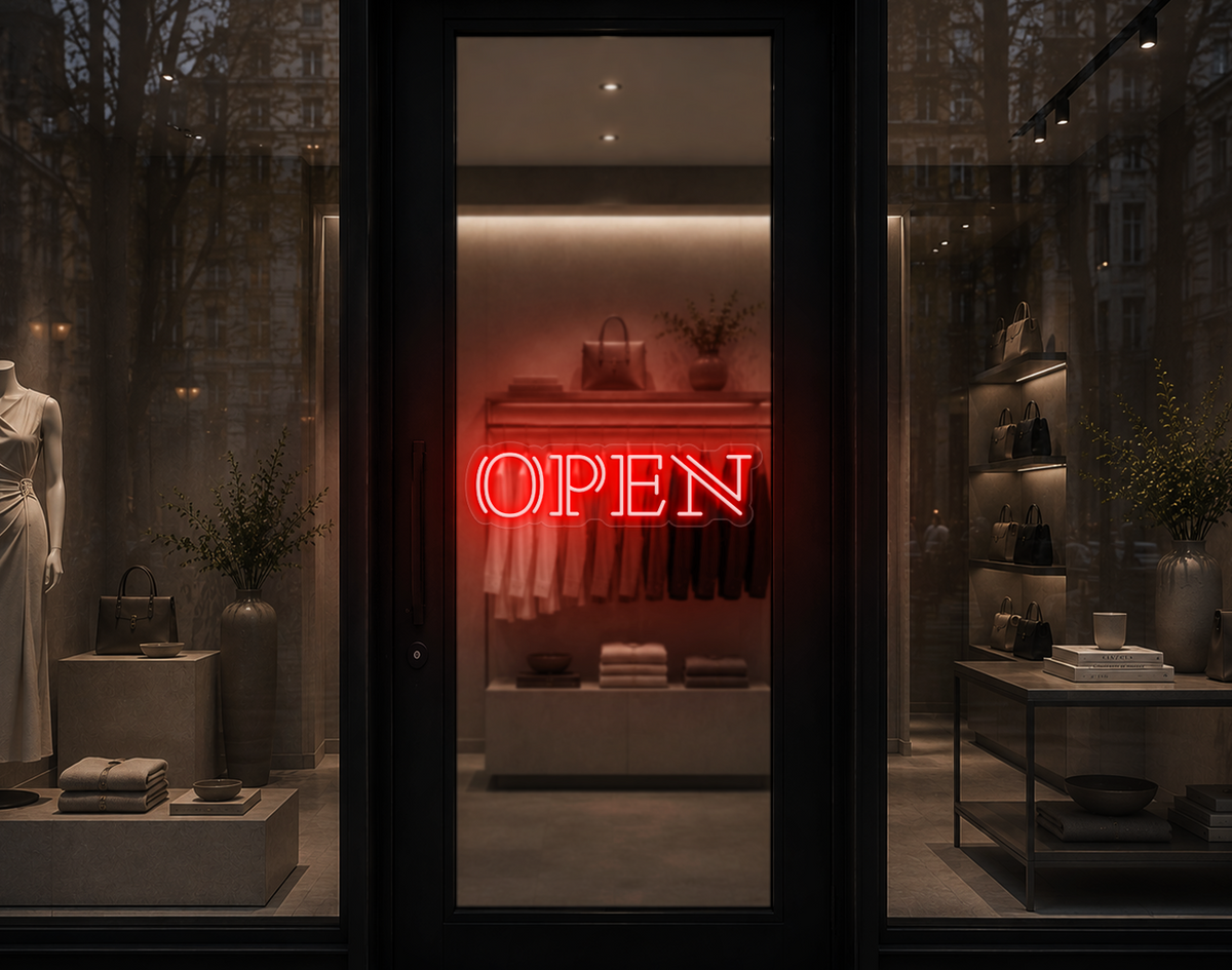 Double Stem Serif Type Open LED Neon Sign - Coral Orange