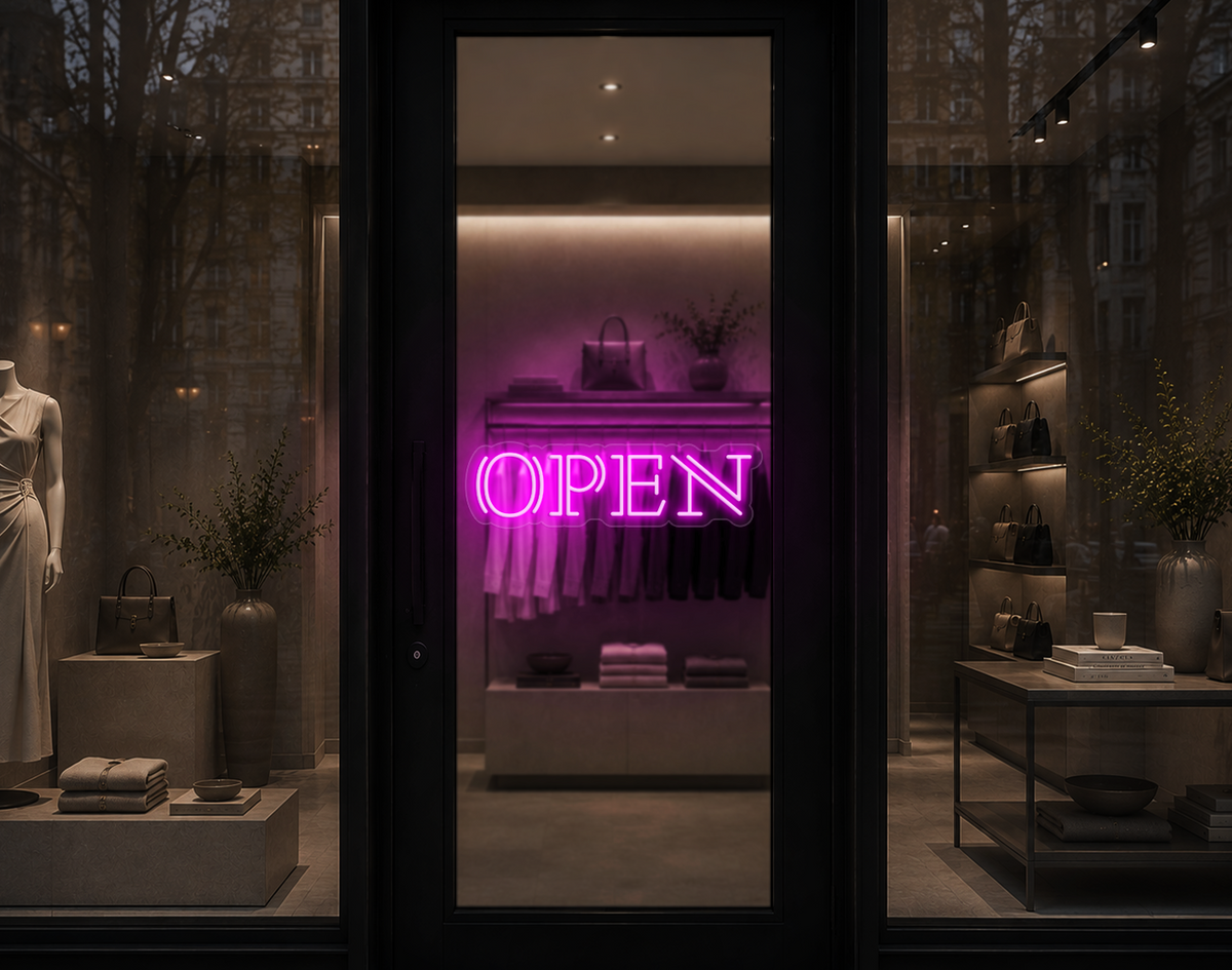 Double Stem Serif Type Open LED Neon Sign - Hot Pink