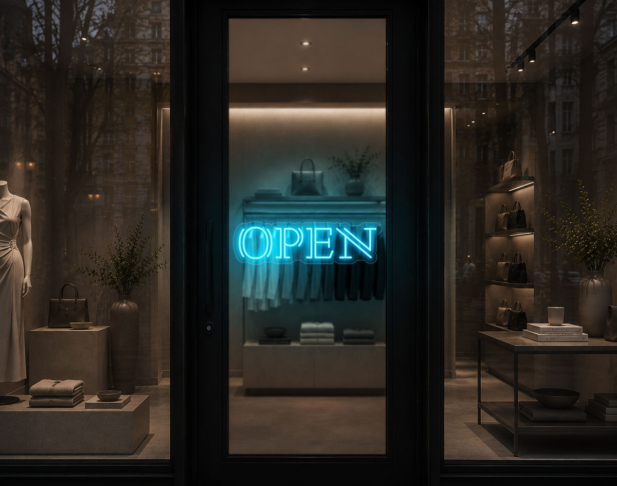 Double Stem Serif Type Open LED Neon Sign - Ice Blue