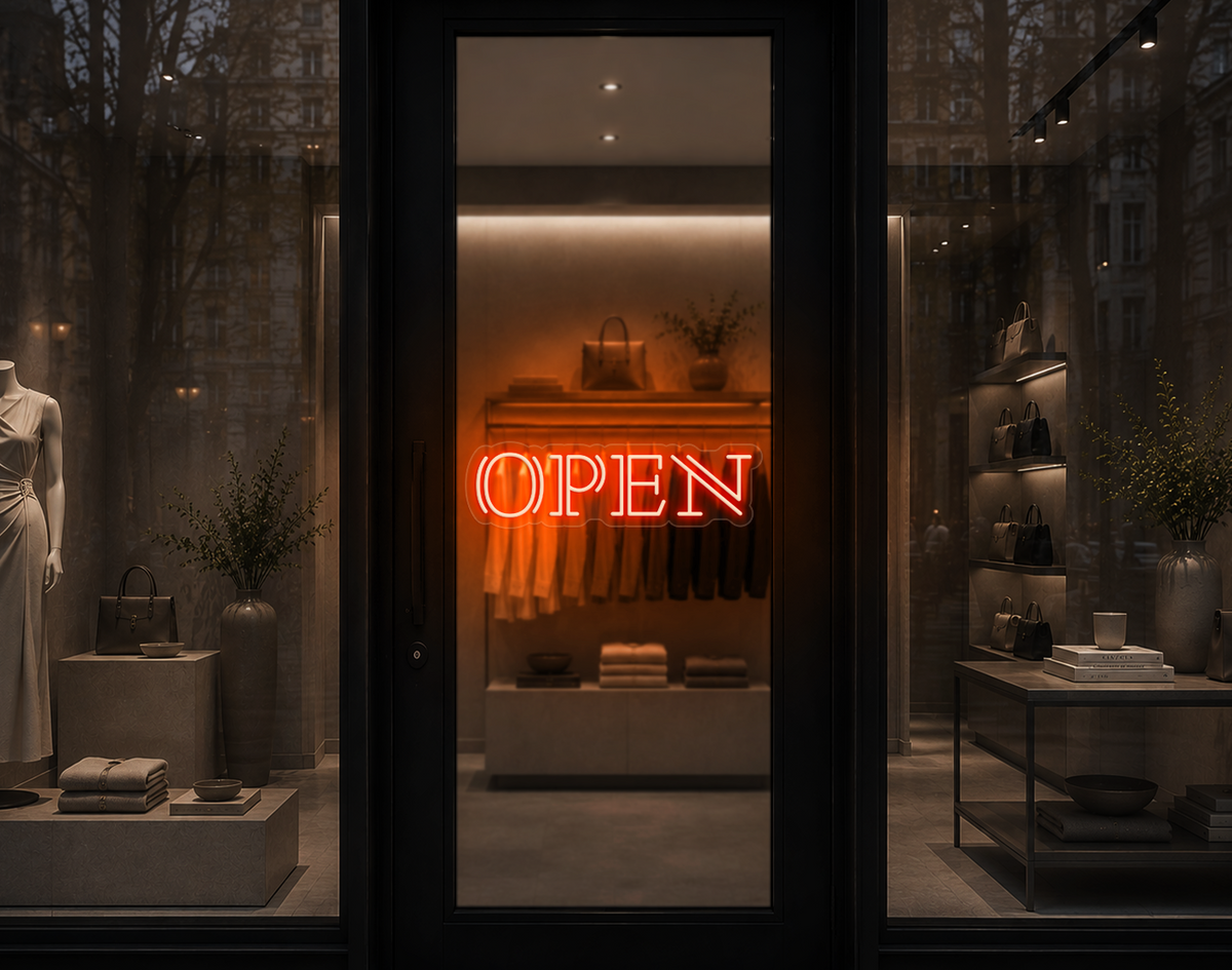 Double Stem Serif Type Open LED Neon Sign - Orange