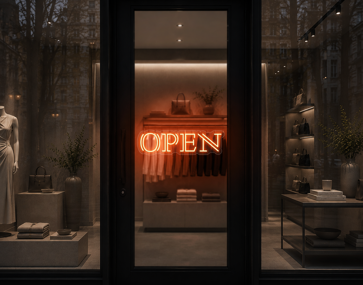 Double Stem Serif Type Open LED Neon Sign - Peach Orange