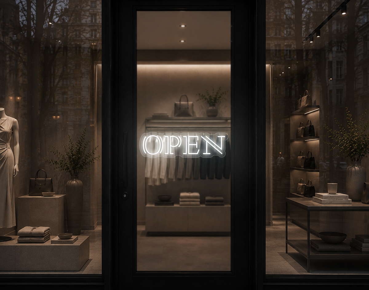 Double Stem Serif Type Open LED Neon Sign - White