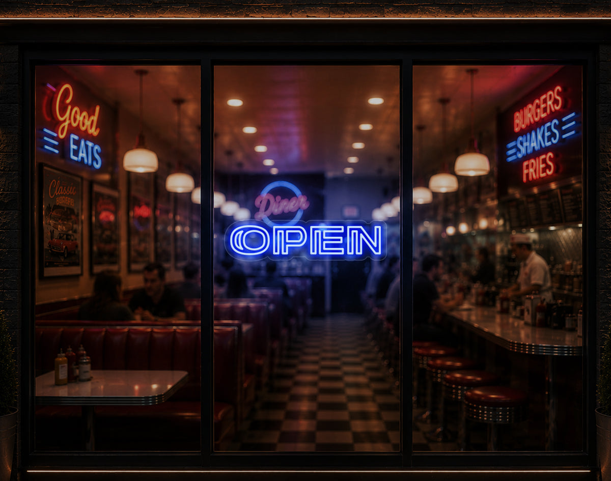 Minimal Double Stem Sans-Serif Open LED Neon Sign - Baby Blue