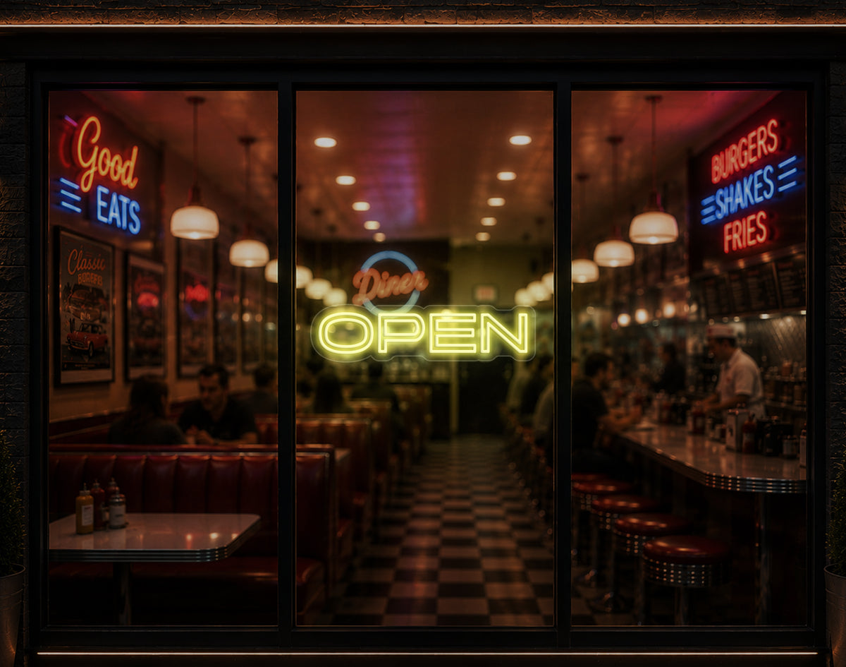 Minimal Sans-Serif Open LED Neon Sign - Buttercup Yellow