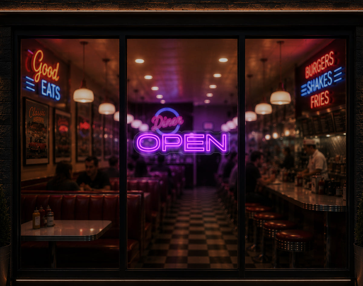 Minimal Sans-Serif Open LED Neon Sign - Purple