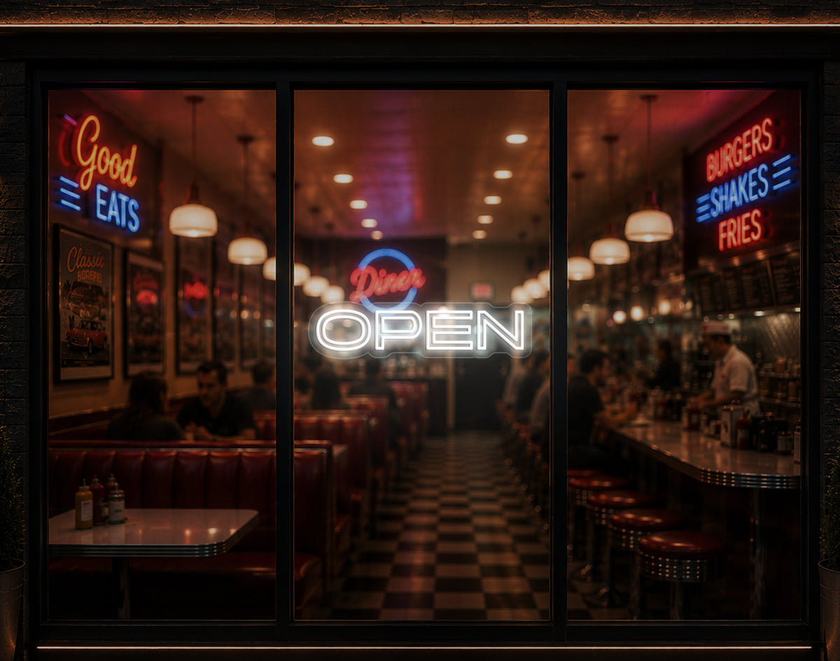 Minimal Sans-Serif Open LED Neon Sign - White