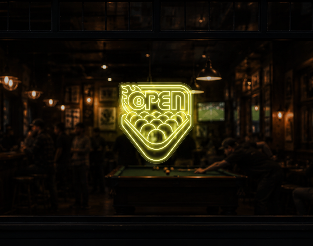 Billiards Badge Open LED Neon Sign - Buttercup Yellow