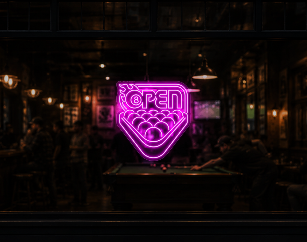 Billiards Badge Open LED Neon Sign - Hot Pink