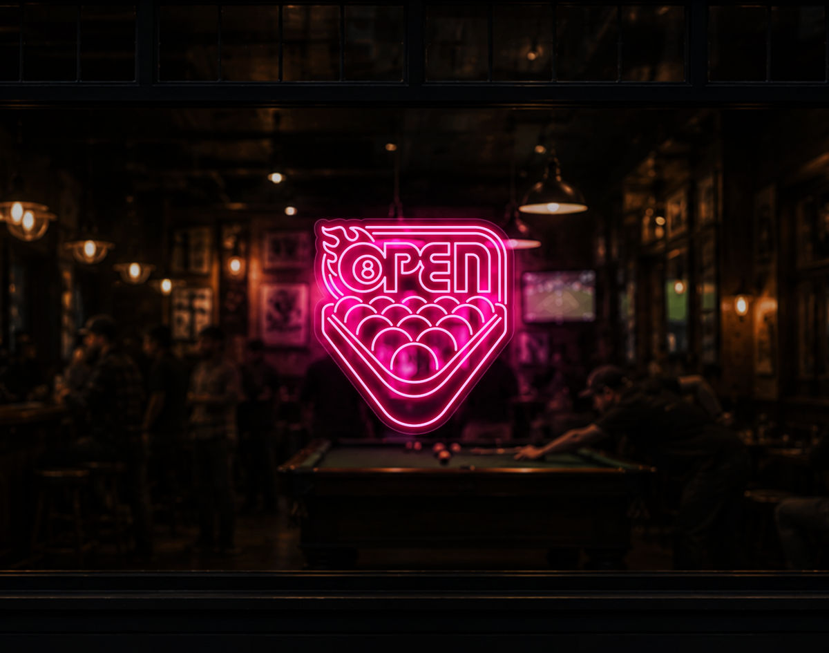 Billiards Badge Open LED Neon Sign - Light Pink