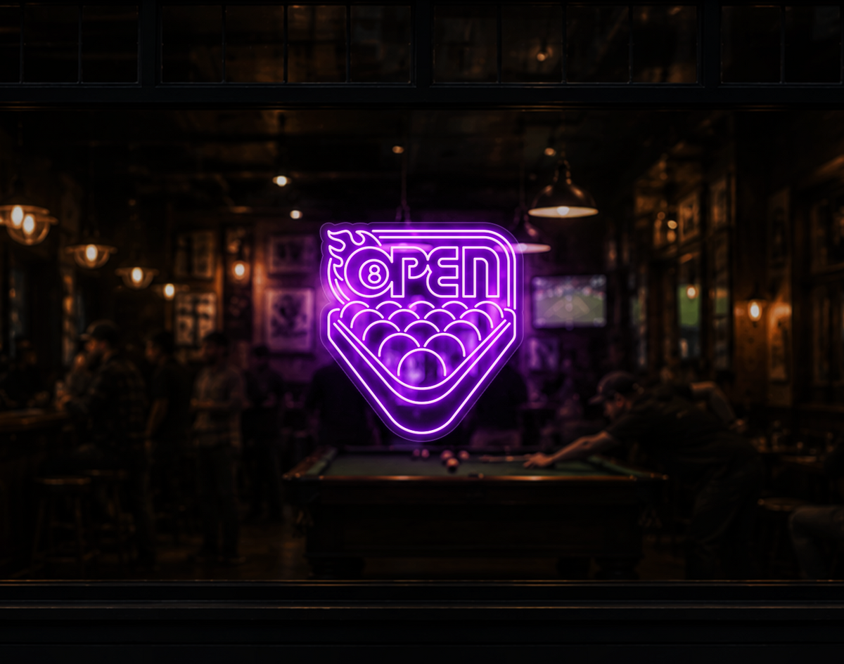 Billiards Badge Open LED Neon Sign - Lilac Purple