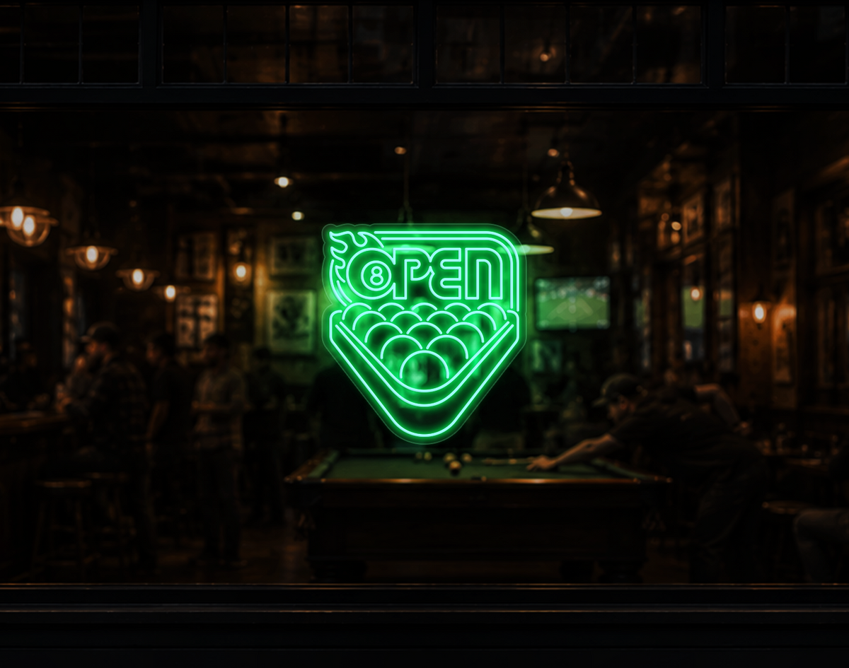 Billiards Badge Open LED Neon Sign - Mint Green