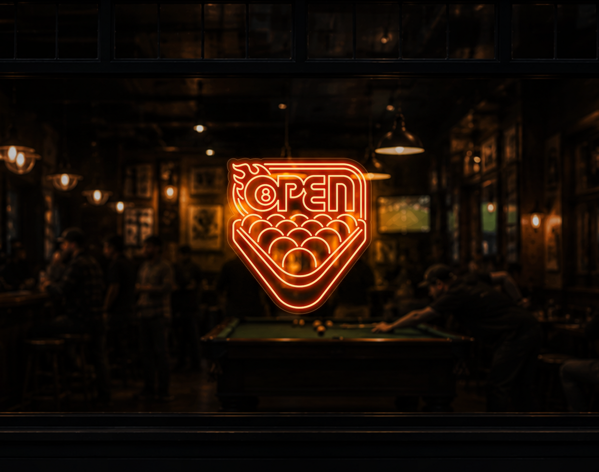 Billiards Badge Open LED Neon Sign - Sunset Orange