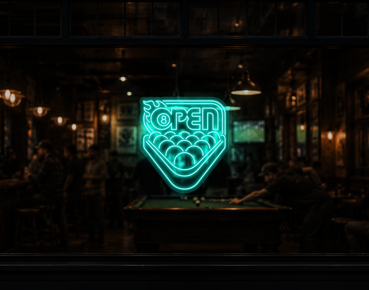 Billiards Badge Open LED Neon Sign - Turquoise