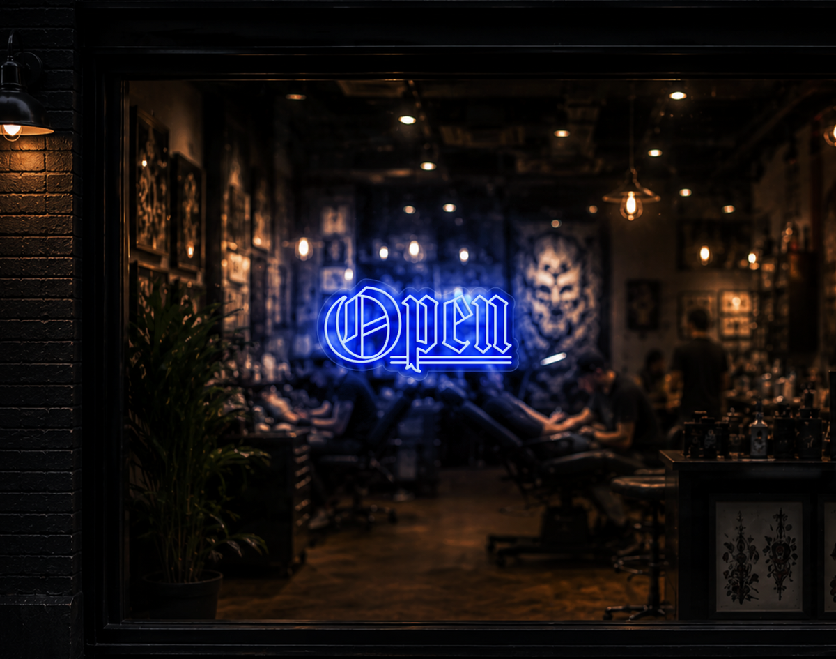 Blackletter Open LED Neon Sign - Baby Blue