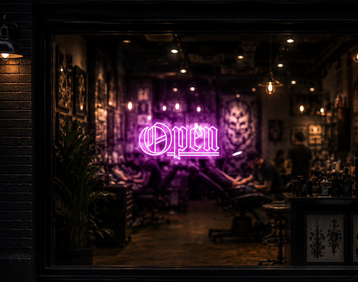 Blackletter Open LED Neon Sign - Bubblegum Pink