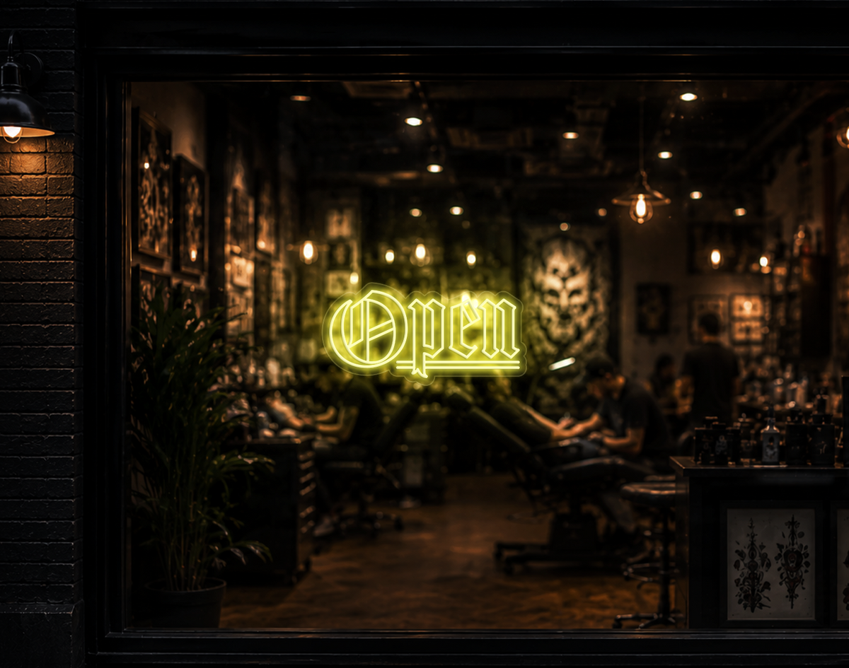 Blackletter Open LED Neon Sign - Buttercup Yellow