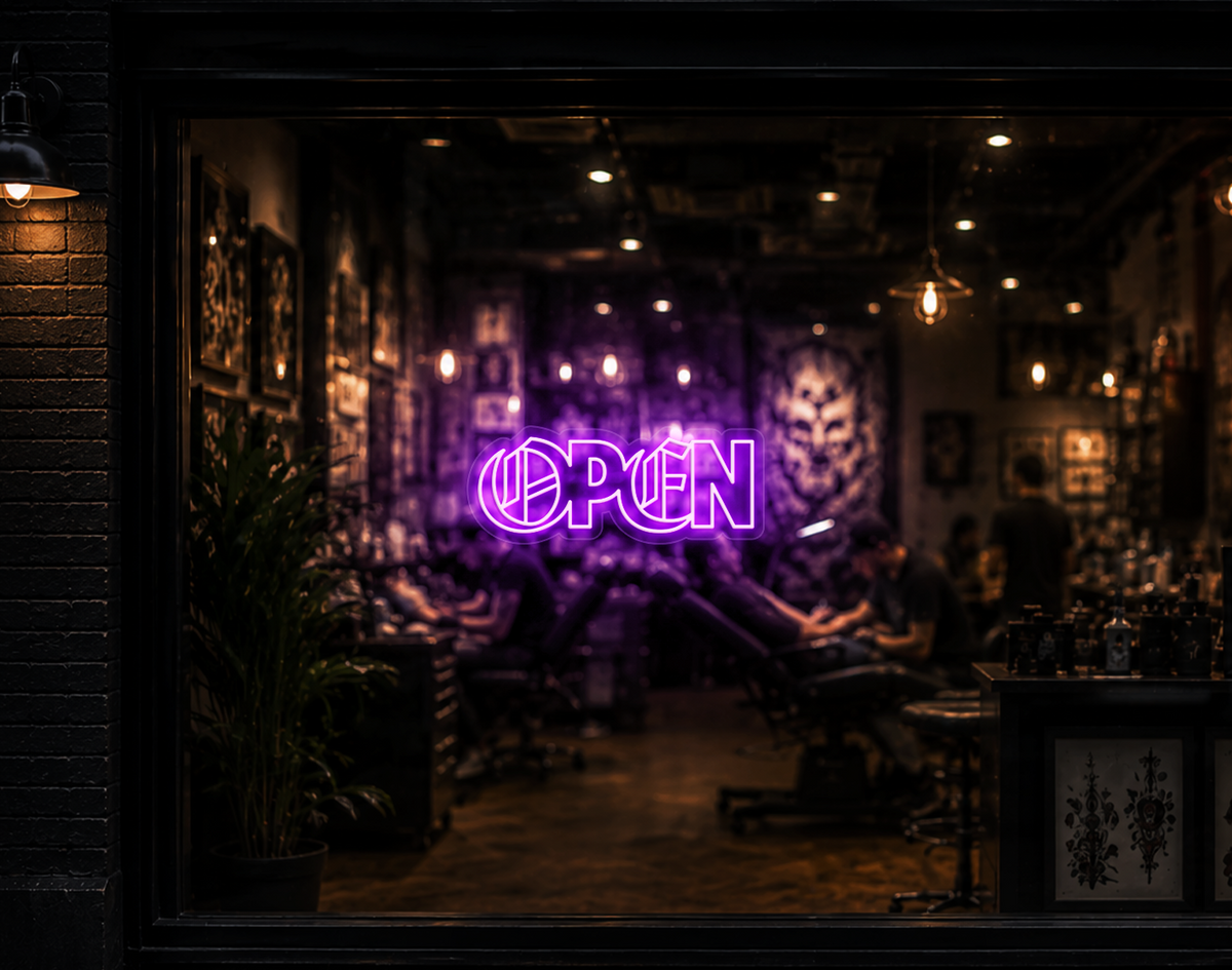 Blackletter Hybrid Type Open LED Neon Sign - Lilac Purple