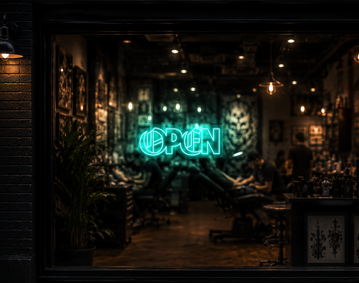 Blackletter Hybrid Type Open LED Neon Sign - Turquoise