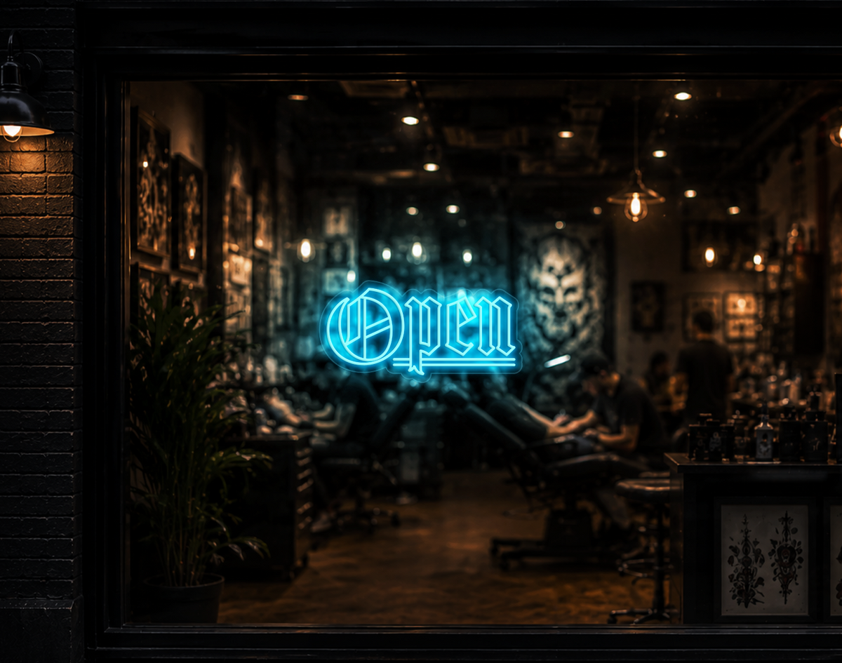 Blackletter Open LED Neon Sign - Ice Blue