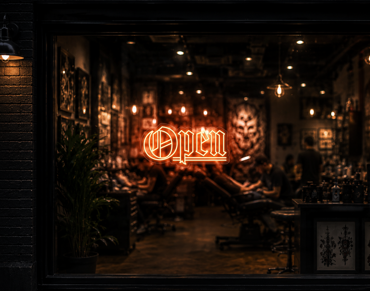 Blackletter Open LED Neon Sign - Peach Orange