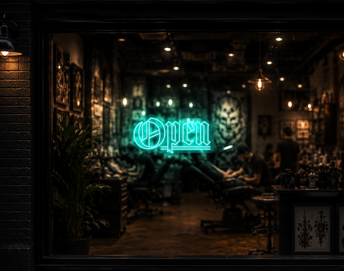 Blackletter Open LED Neon Sign - Turquoise