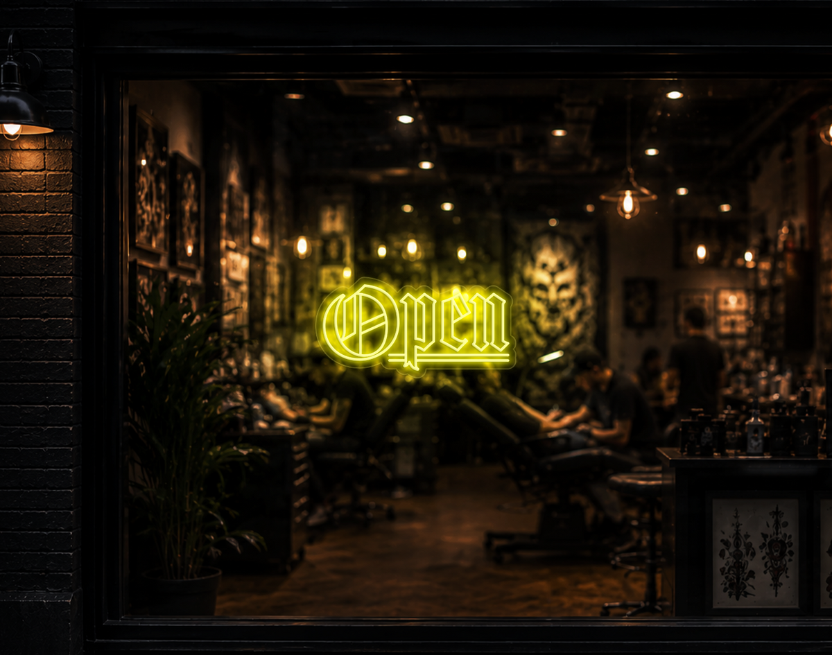 Blackletter Open LED Neon Sign - Yellow
