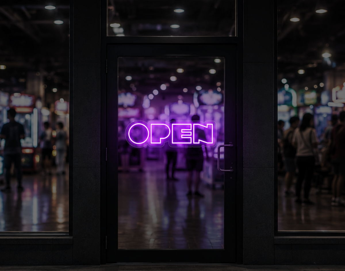 Bold Arcade Type Open LED Neon Sign - Lilac Purple