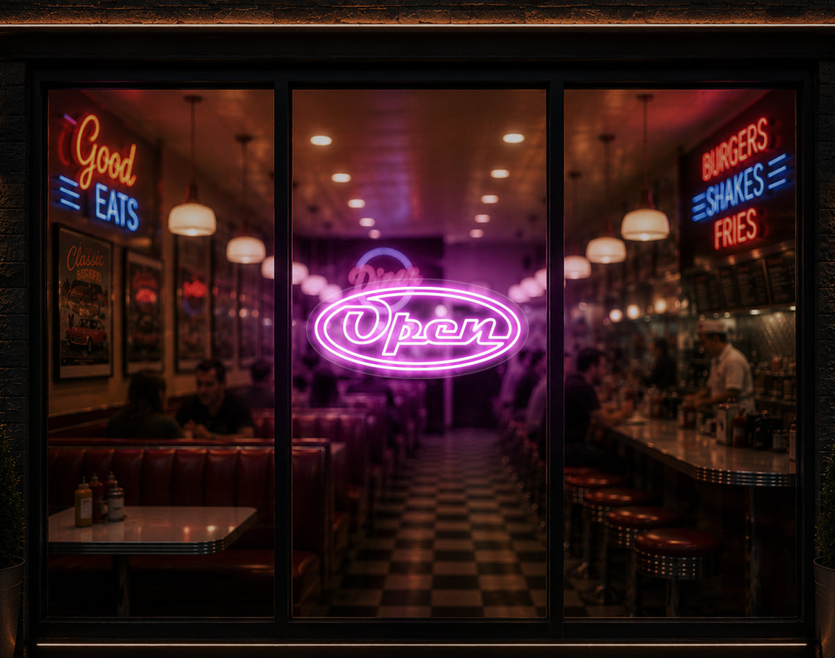 Diner Script Badge Open LED Neon Sign - Bubblegum Pink
