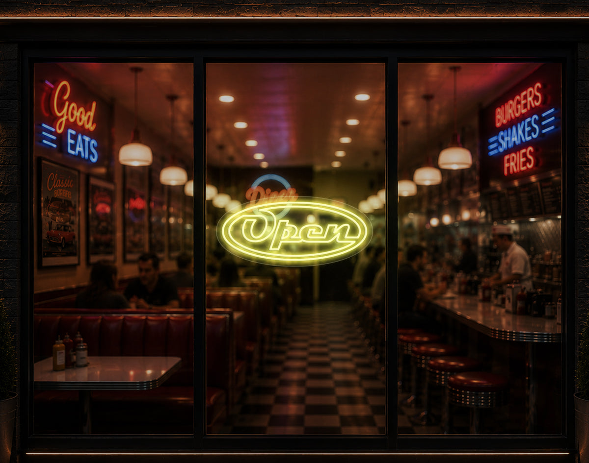 Diner Script Badge Open LED Neon Sign - Buttercup Yellow