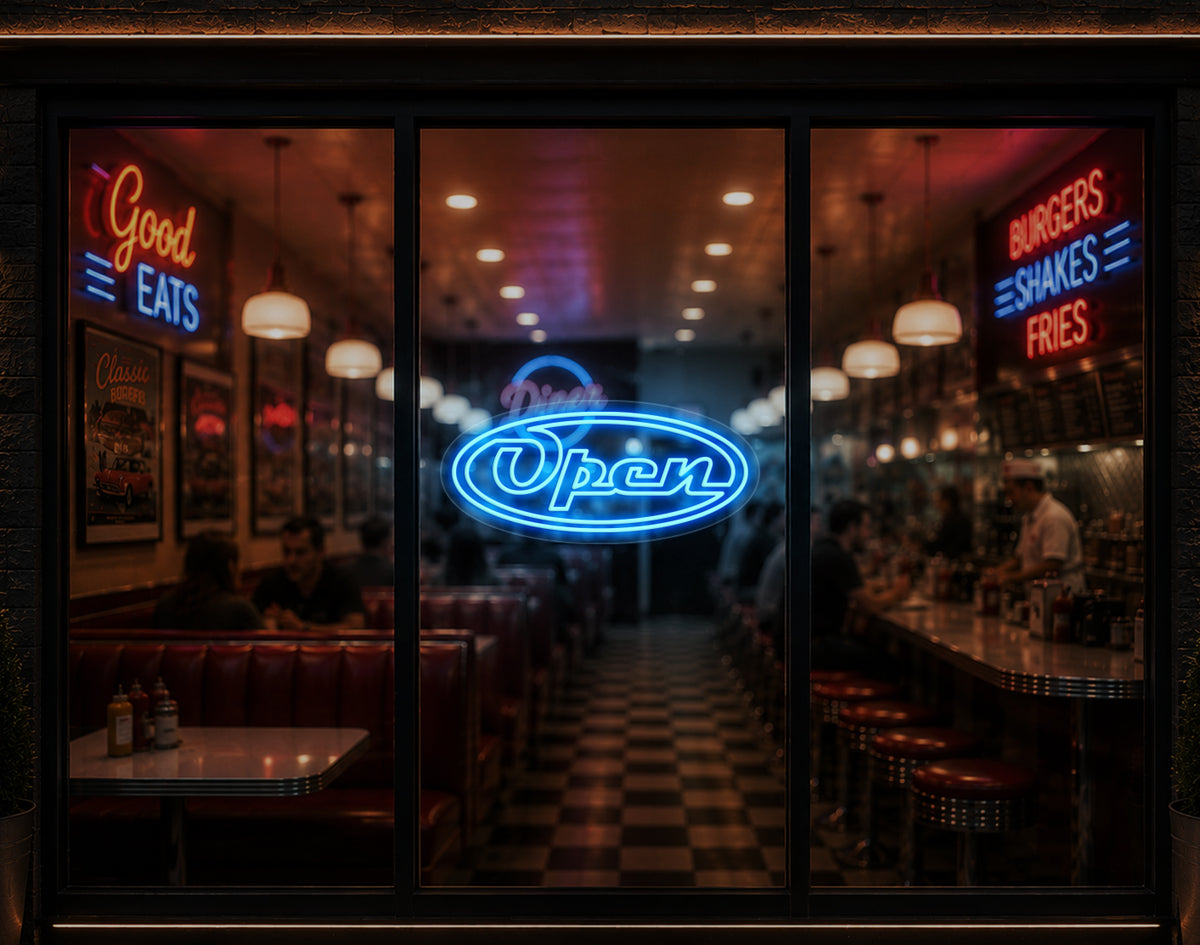 Diner Script Badge Open LED Neon Sign - Light Blue
