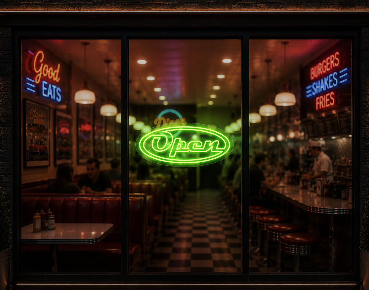 Diner Script Badge Open LED Neon Sign - Lime