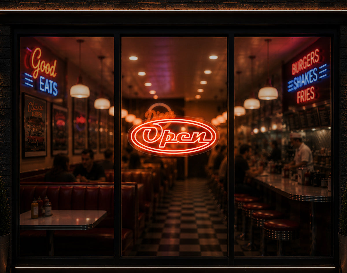 Diner Script Badge Open LED Neon Sign - Orange