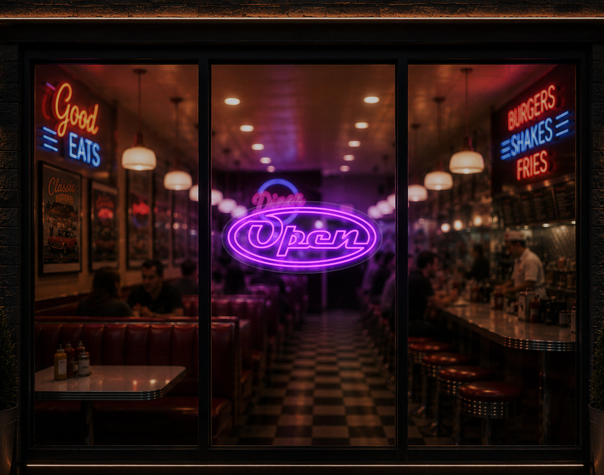 Diner Script Badge Open LED Neon Sign - Purple