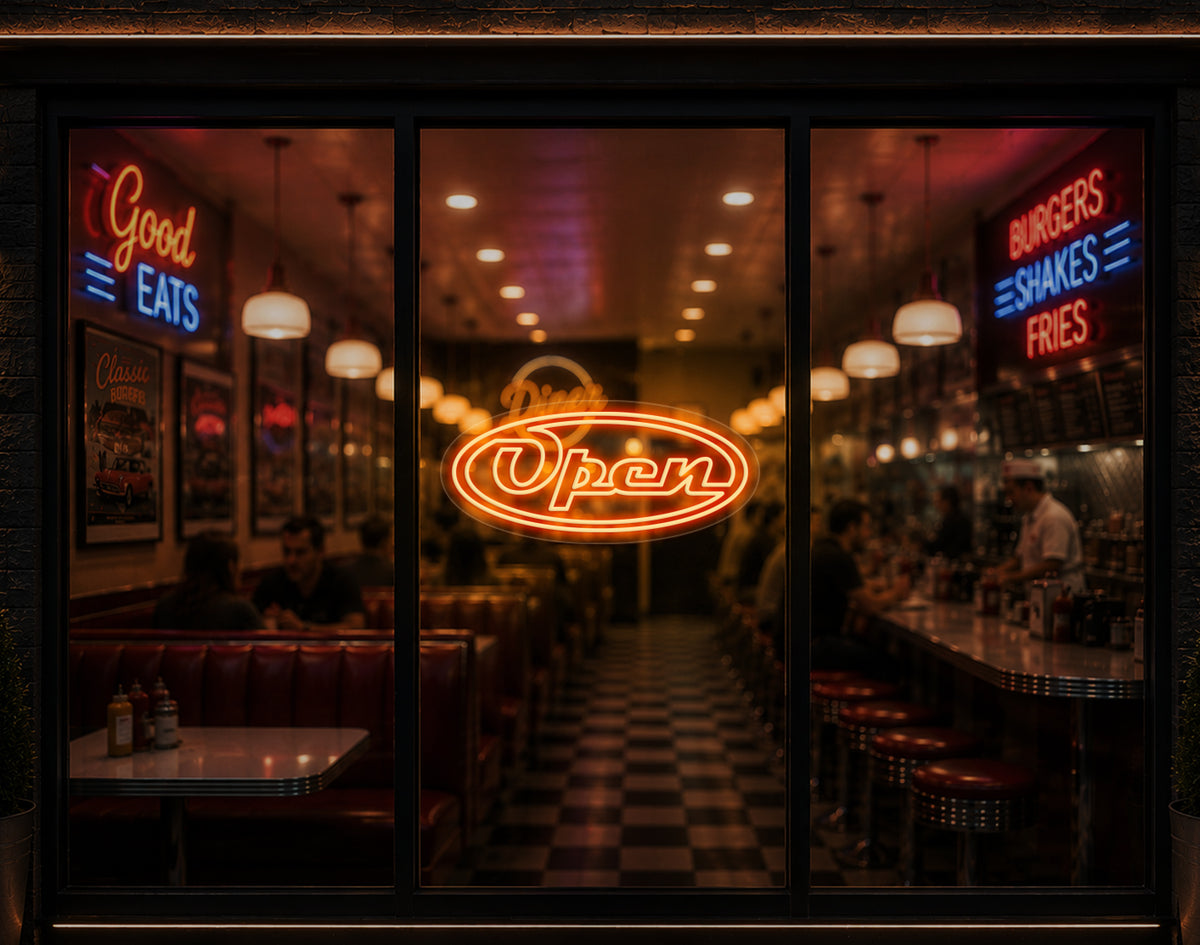 Diner Script Badge Open LED Neon Sign - Sunset Orange