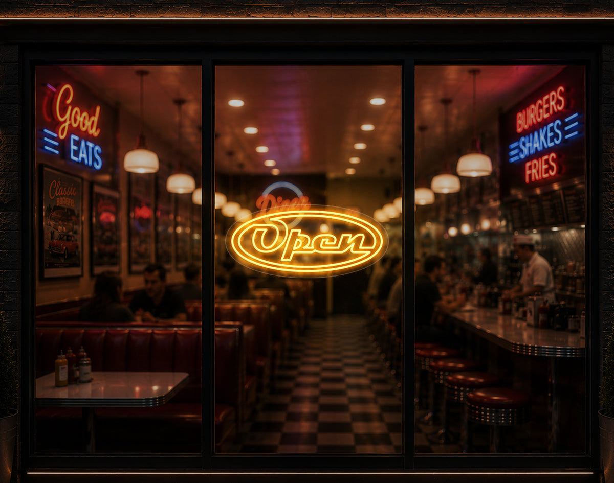 Diner Script Badge Open LED Neon Sign - Sunset Yellow