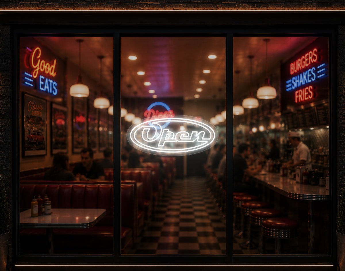 Diner Script Badge Open LED Neon Sign - White