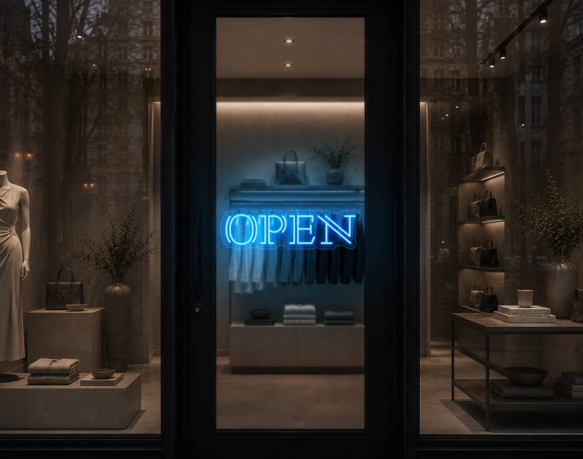 Double Stem Serif Type Open LED Neon Sign - Light Blue