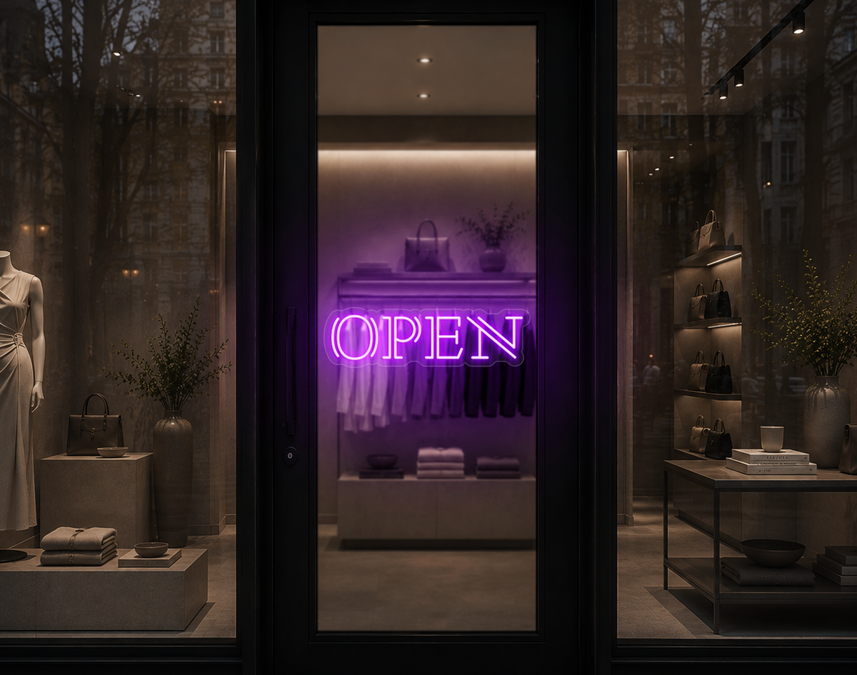 Double Stem Serif Type Open LED Neon Sign - Lilac Purple