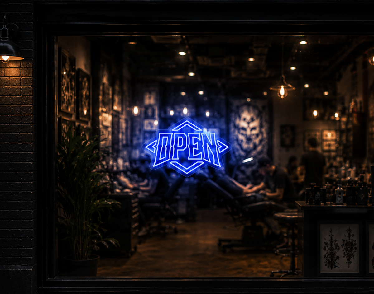 Edgy Diamond Badge Open LED Neon Sign - Baby Blue