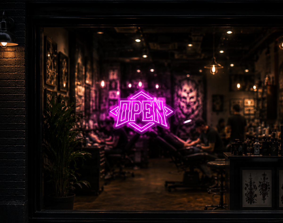 Edgy Diamond Badge Open LED Neon Sign - Hot Pink