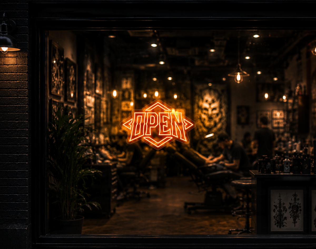 Edgy Diamond Badge Open LED Neon Sign - Sunset Orange