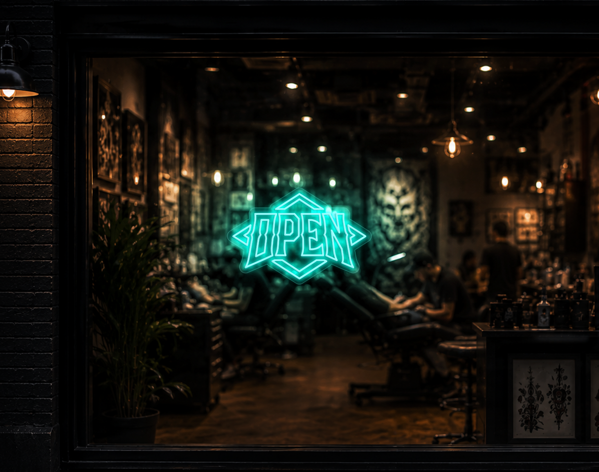 Edgy Diamond Badge Open LED Neon Sign - Turquoise