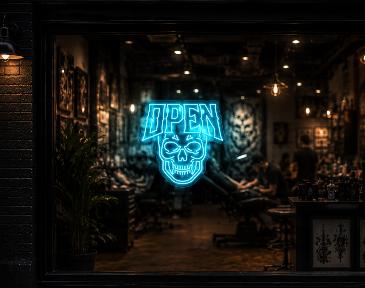 Edgy Skull Open LED Neon Sign - Ice Blue
