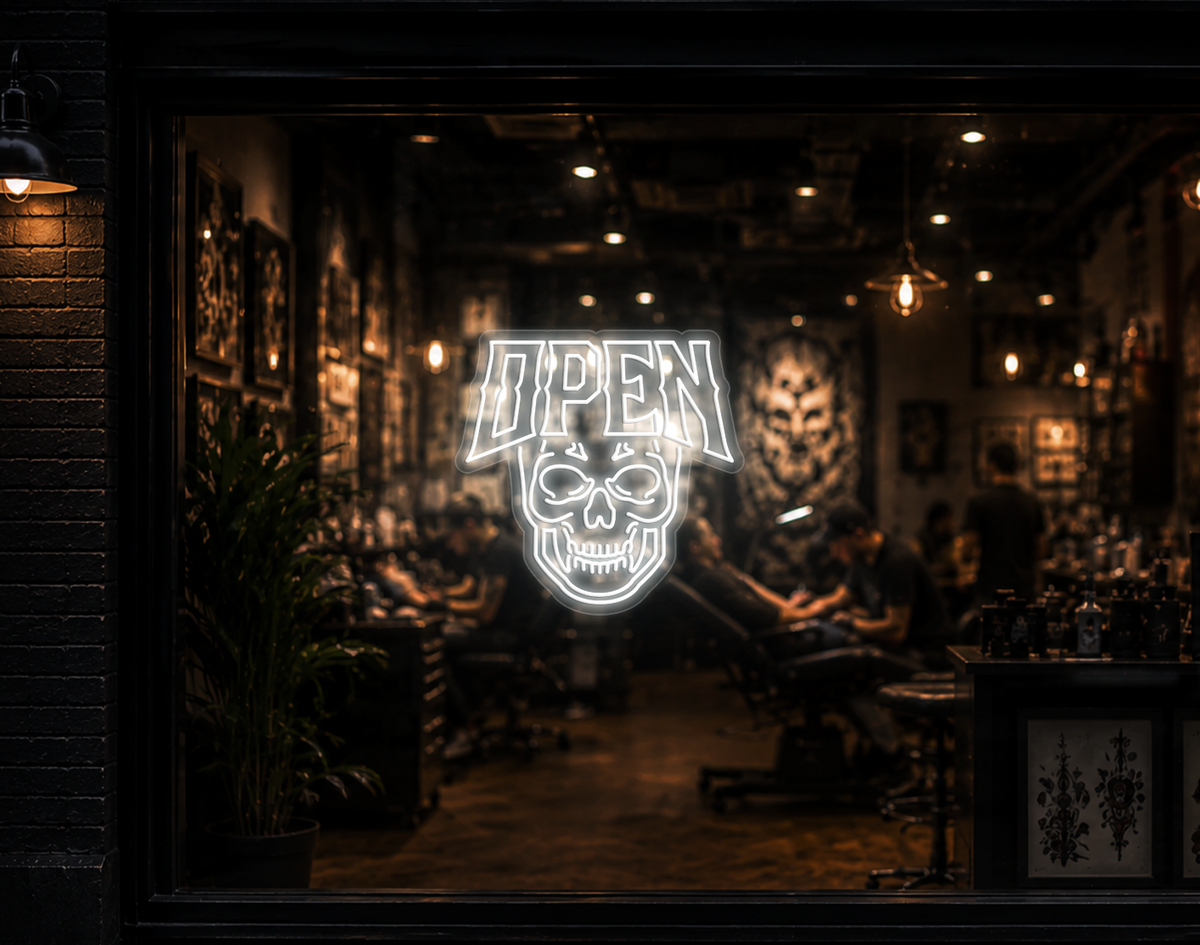 Edgy Skull Open LED Neon Sign - White