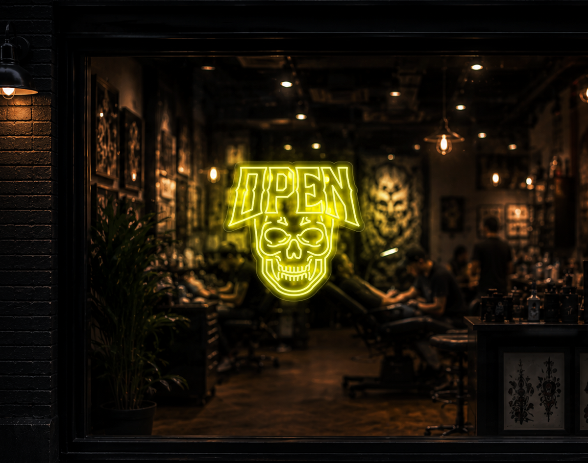 Edgy Skull Open LED Neon Sign - Yellow